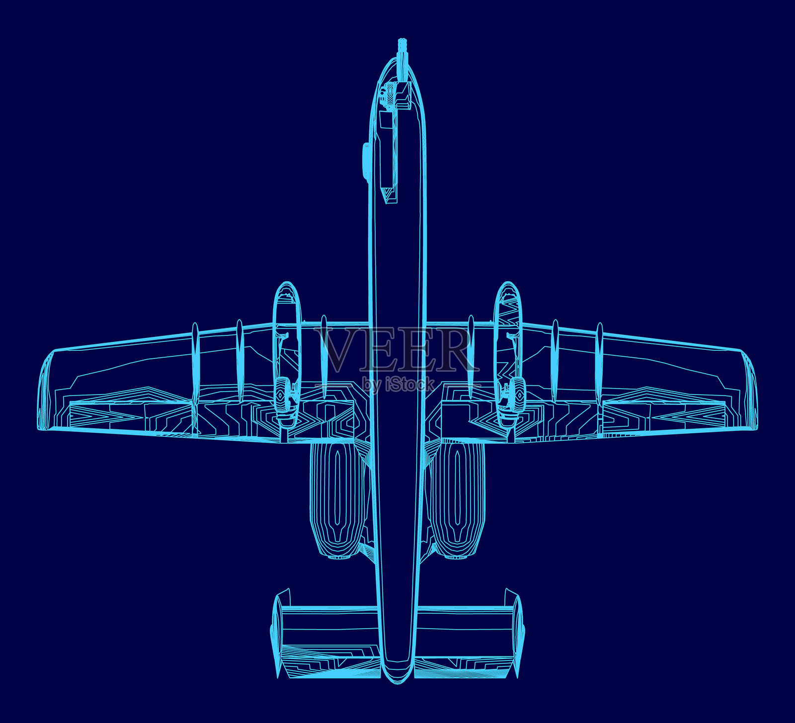 蓝色飞机在蓝色画作中展示。这架飞机是一架战斗机，画得非常细致和逼真。画作传达了一种力量和强大的感觉。插画图片素材