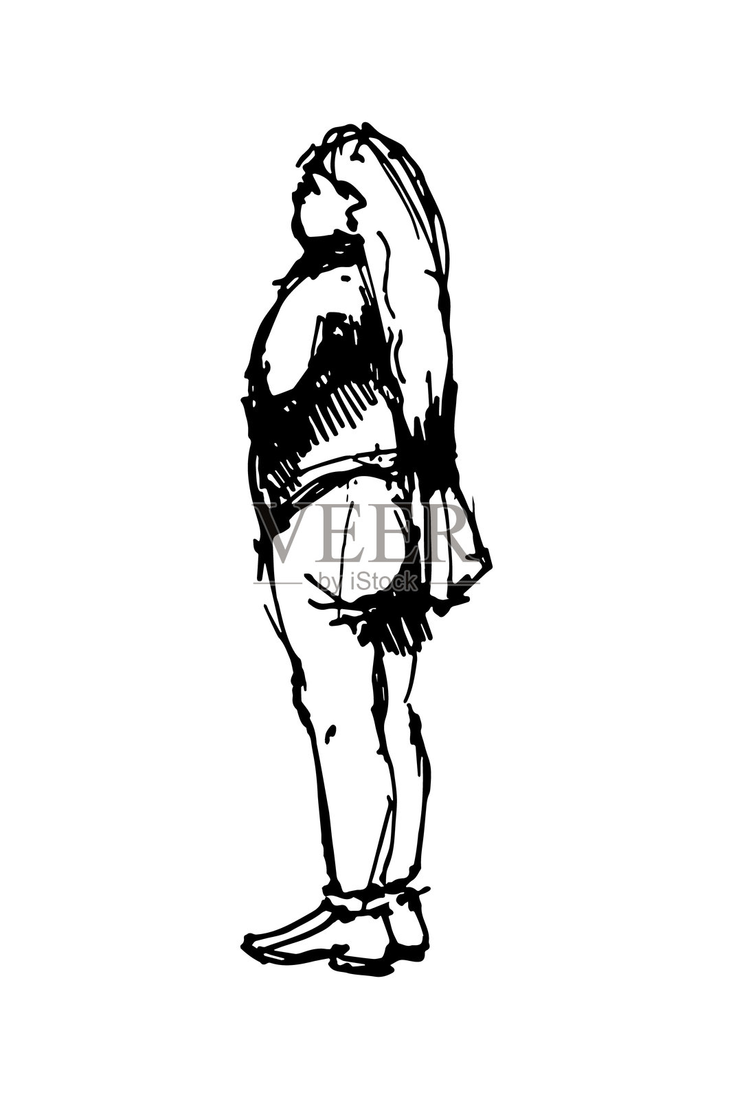 肩上背着包的牛仔裤女孩。全身角色。手绘草图。插画图片素材