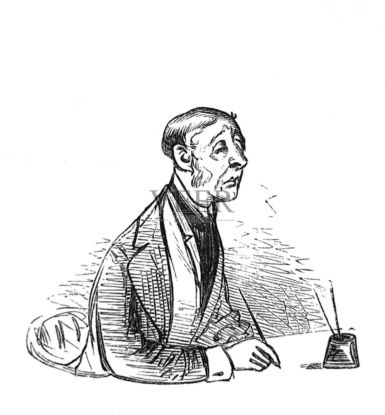 古老插图 - 一个悲伤的男人坐在桌子旁，手中握着一支钢笔，沉思中 - 桌上有一个墨水瓶插画图片素材