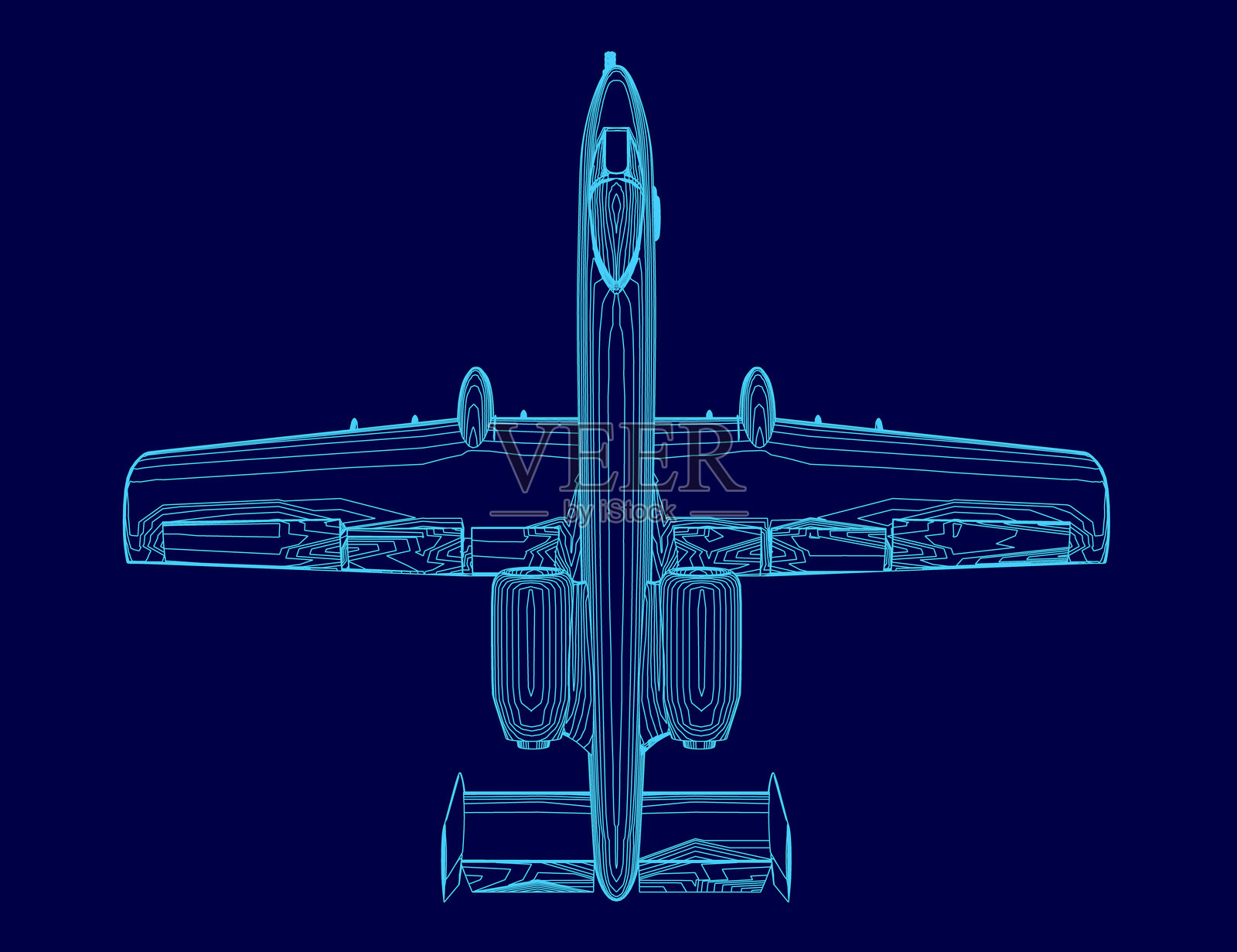 蓝色飞机以一种风格化的方式展示。图像是一架具有风格化设计的蓝色飞机。插画图片素材