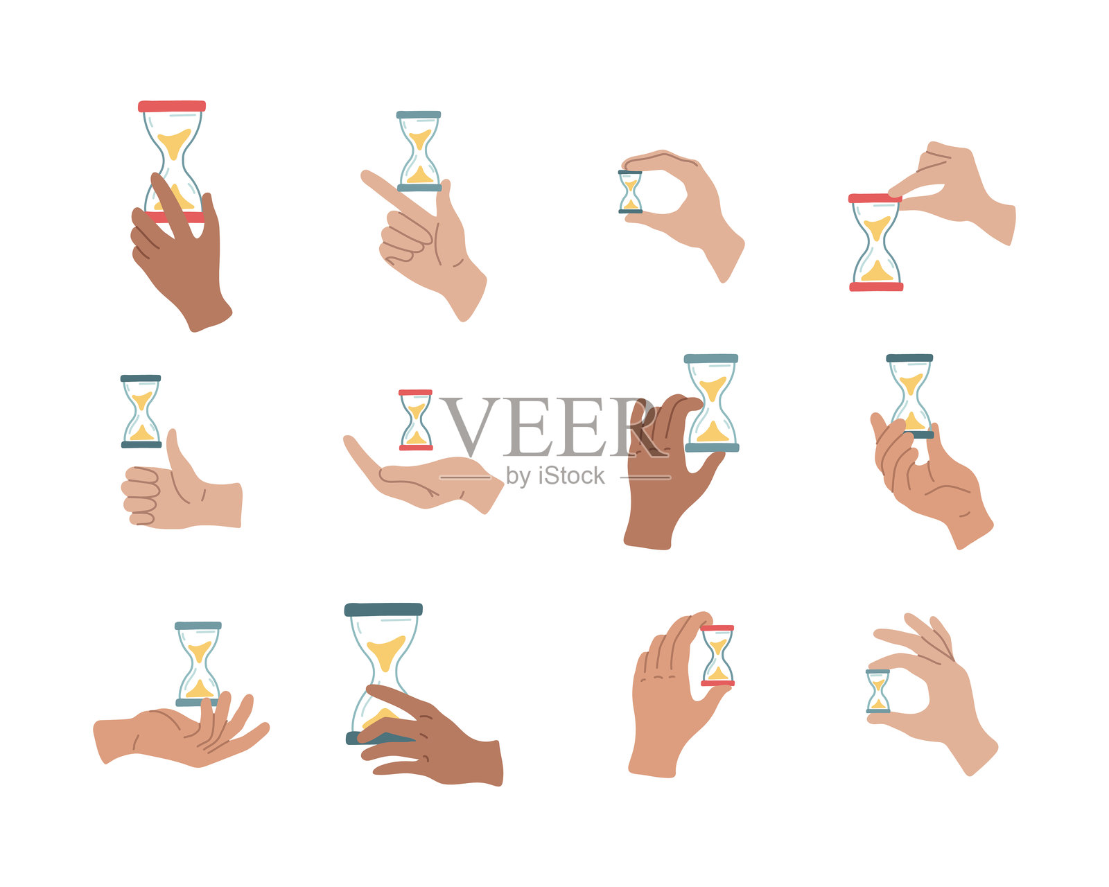 手势各异的手与沙漏插画图片素材