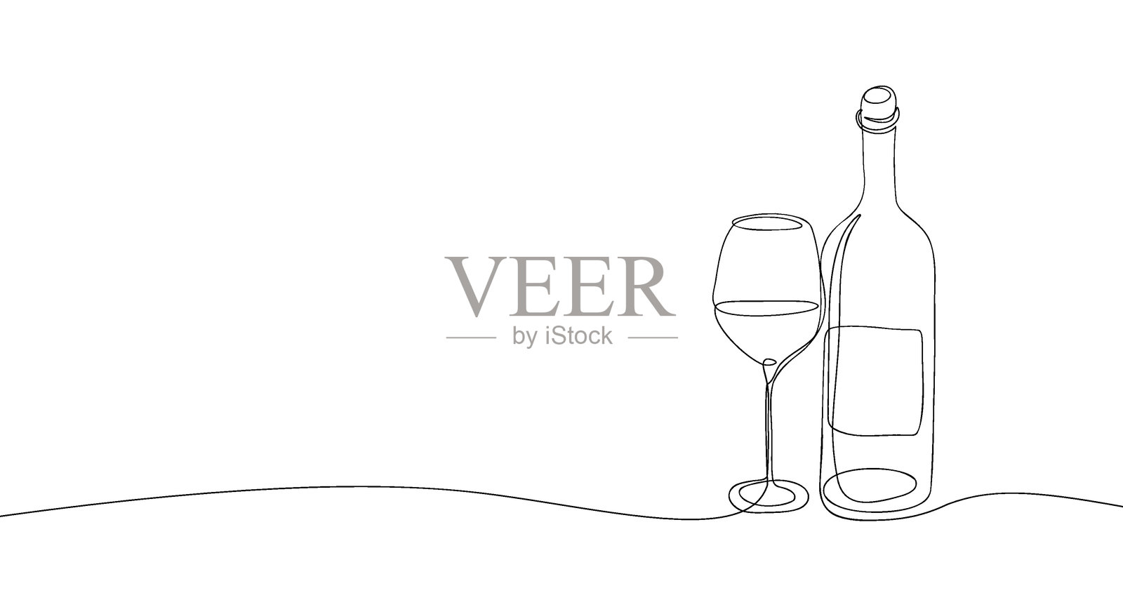 一笔连续线条绘制的酒瓶和酒杯。极简线条素描的酒精饮品在玻璃杯和瓶子中。矢量轮廓插图。插画图片素材