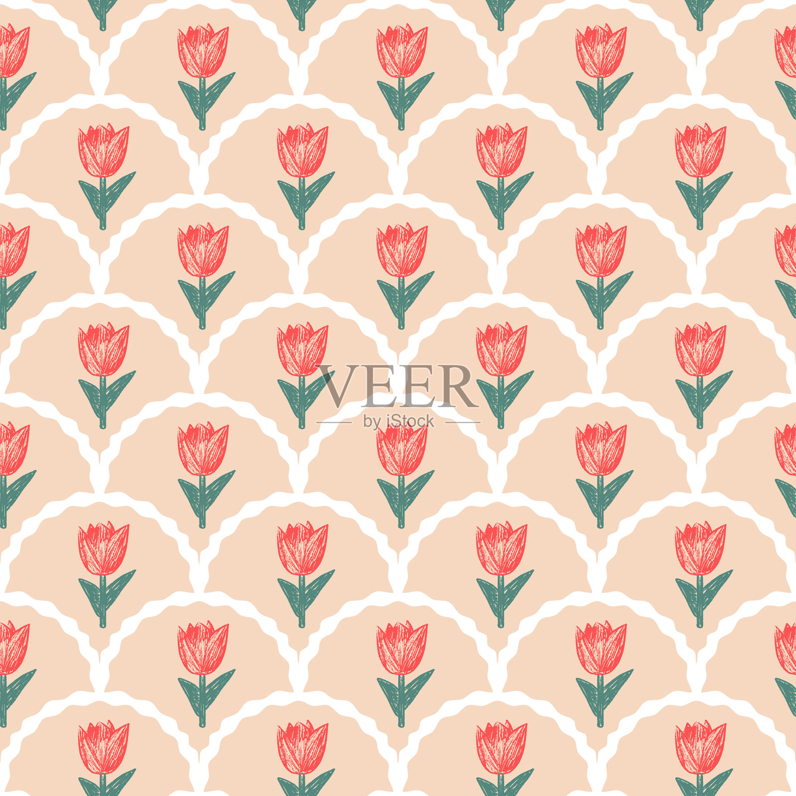 蜡笔画的花卉无缝图案。花卉全覆盖背景。风格化的植物扇形重复背景。春季主题的表面图案设计。矢量手绘插图。插画图片素材