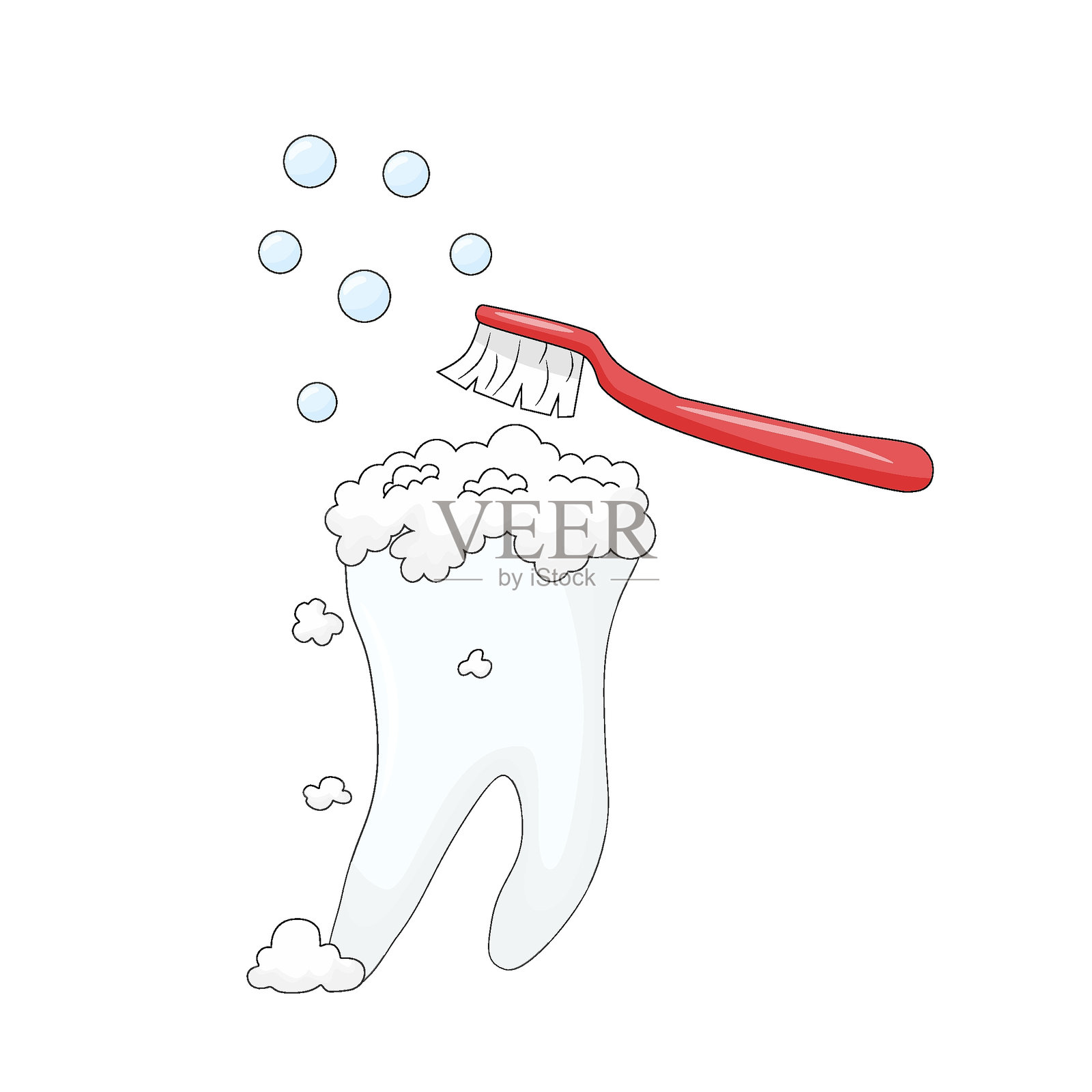 白色背景，个人卫生程序，用红色牙刷和牙膏清洁牙齿表面的食物残渣和软性牙菌斑。插画图片素材