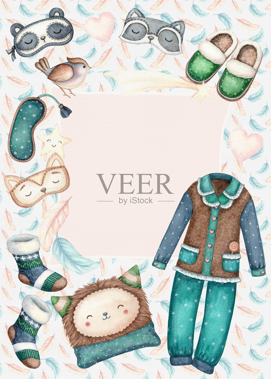 睡衣派对竖版卡片背景，配有睡衣、拖鞋和睡眠眼罩，以及留白。手绘水彩插图，适合打印邀请函。非常适合儿童模板和设计。插画图片素材