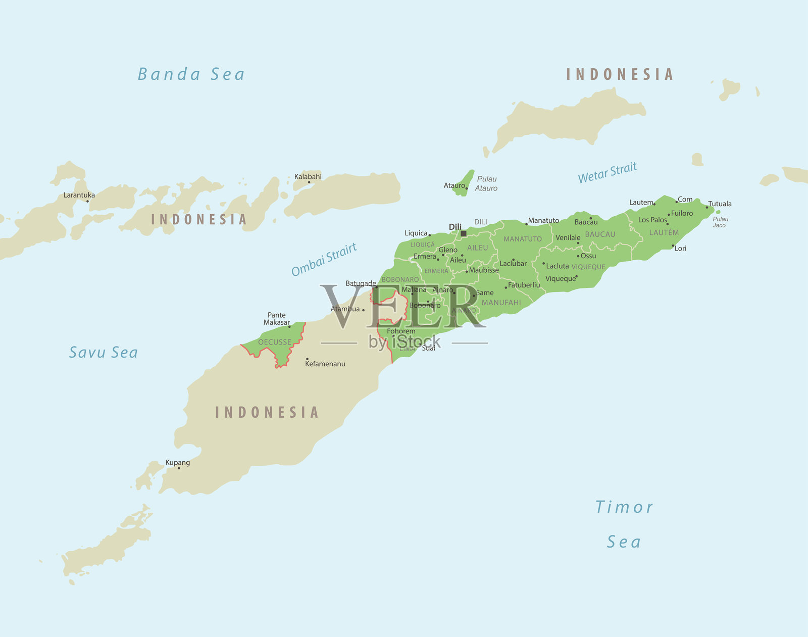 东帝汶详细地图，标注了该国的地区和城市。插画图片素材