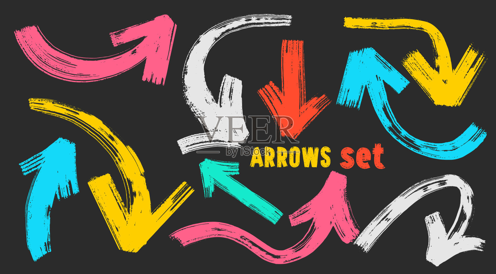 一组彩色蜡笔绘制的粗箭头。手绘涂鸦风格的粗箭头，指向不同方向。包含多种形状、方向和风格的粗线箭头。设计箭头。插画图片素材