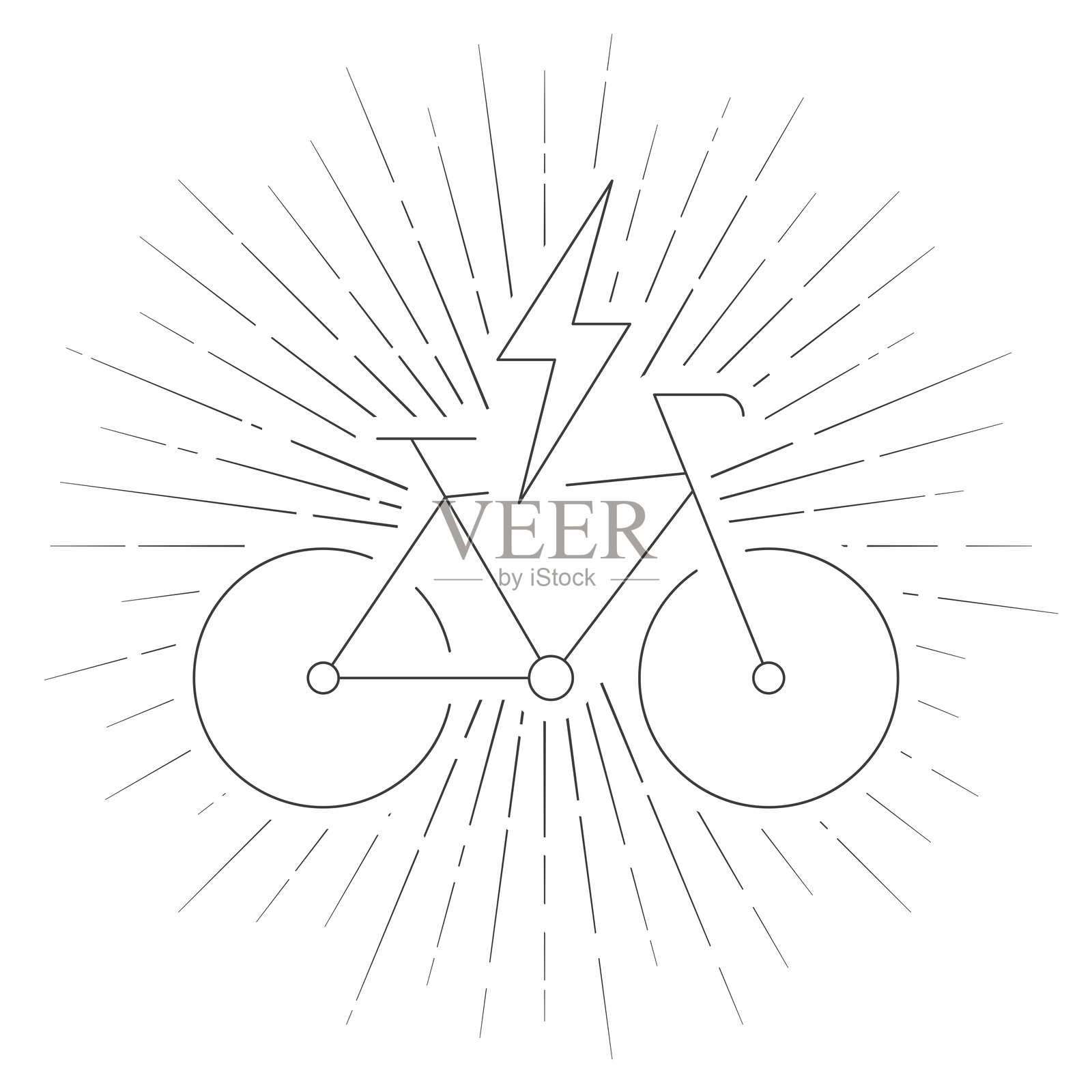 电动自行车充电。白色背景上的线条图标与阳光辐射。插画图片素材