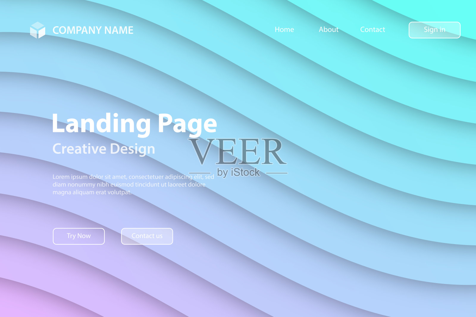 着陆页模板 - 蓝色抽象波浪形状 - 时尚的3D设计插画图片素材