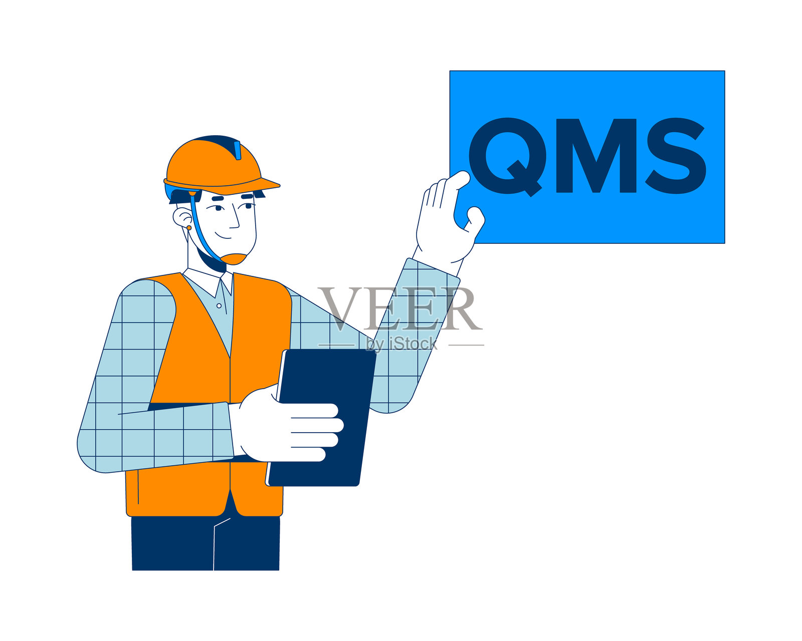戴安全帽的工人解释质量管理系统的二维卡通角色插画图片素材