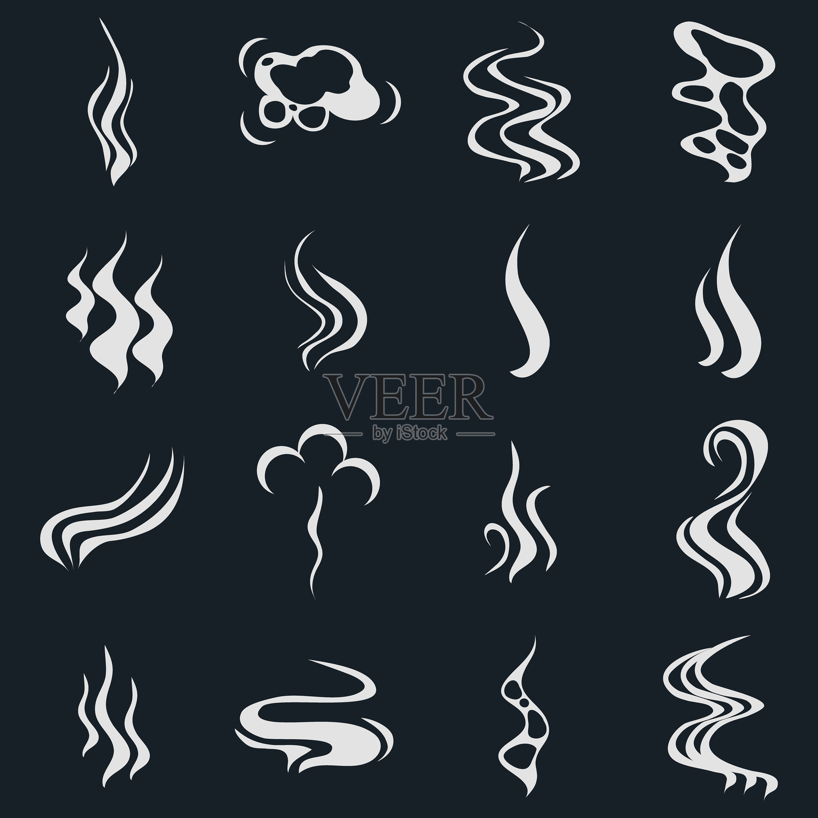 香烟烟雾，黑色背景上的烟雾图标集。矢量，设计师插图。插画图片素材