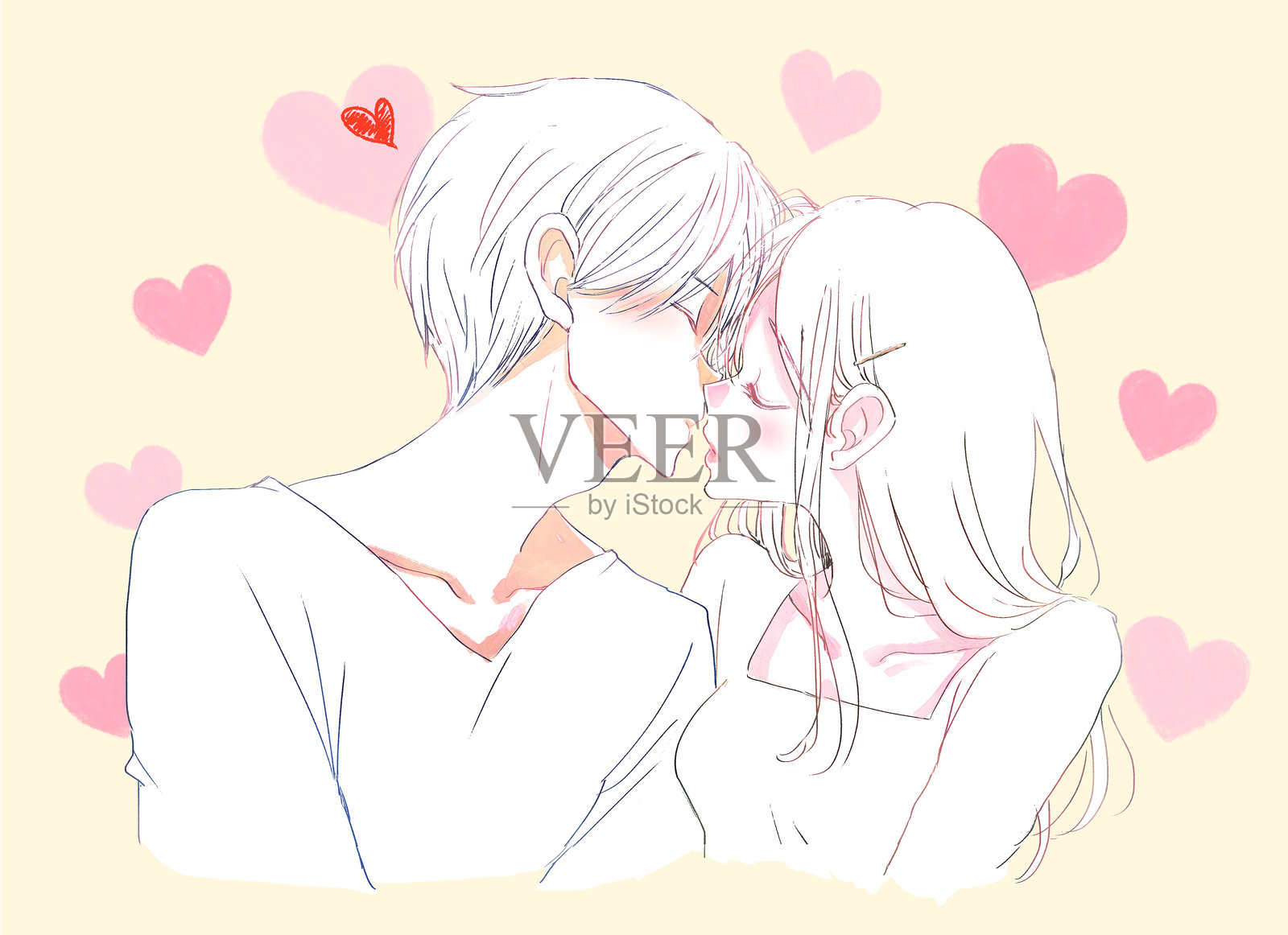 一幅线条画，描绘了一对即将亲吻的男女。插画图片素材