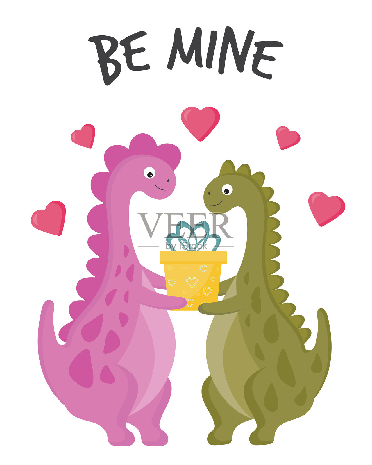 情人节卡片上的一对恐龙。浪漫可爱的恐龙男孩和女孩，手持礼物。适合卡片、明信片、横幅、海报、贴纸和网页模板的有趣甜美插图。插画图片素材