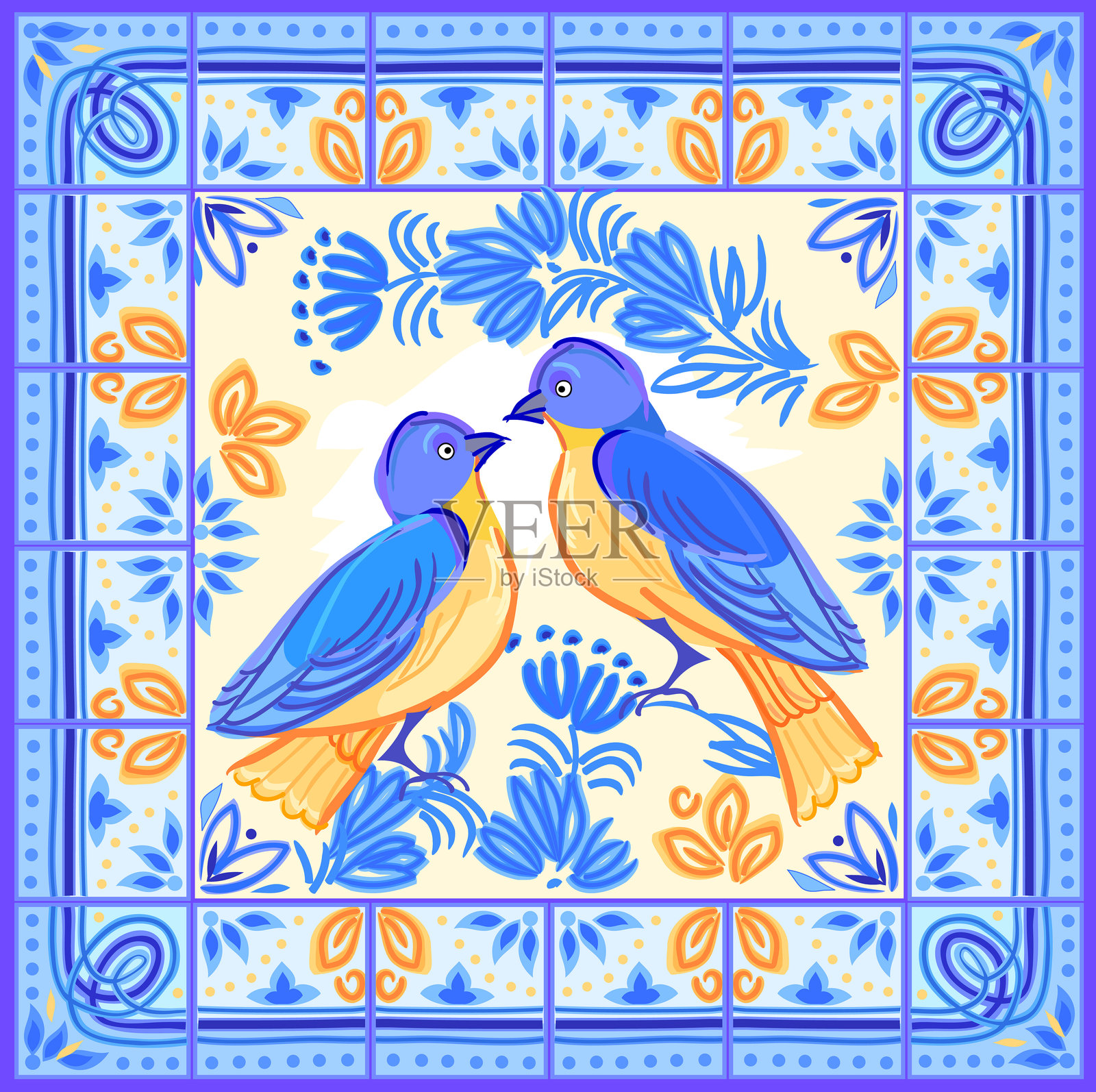 蓝色陶瓷砖上的绘画。法式民俗风格。美丽的装饰，适合厨房或浴室，描绘了一对小鸟。手绘矢量插图。设计、面料、情人节或贺卡的模板。插画图片素材
