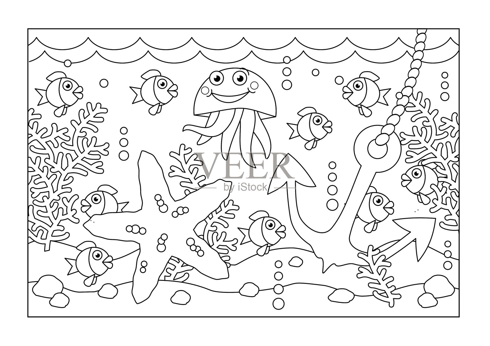 水下涂色页，包含锚和海洋生物场景插画图片素材