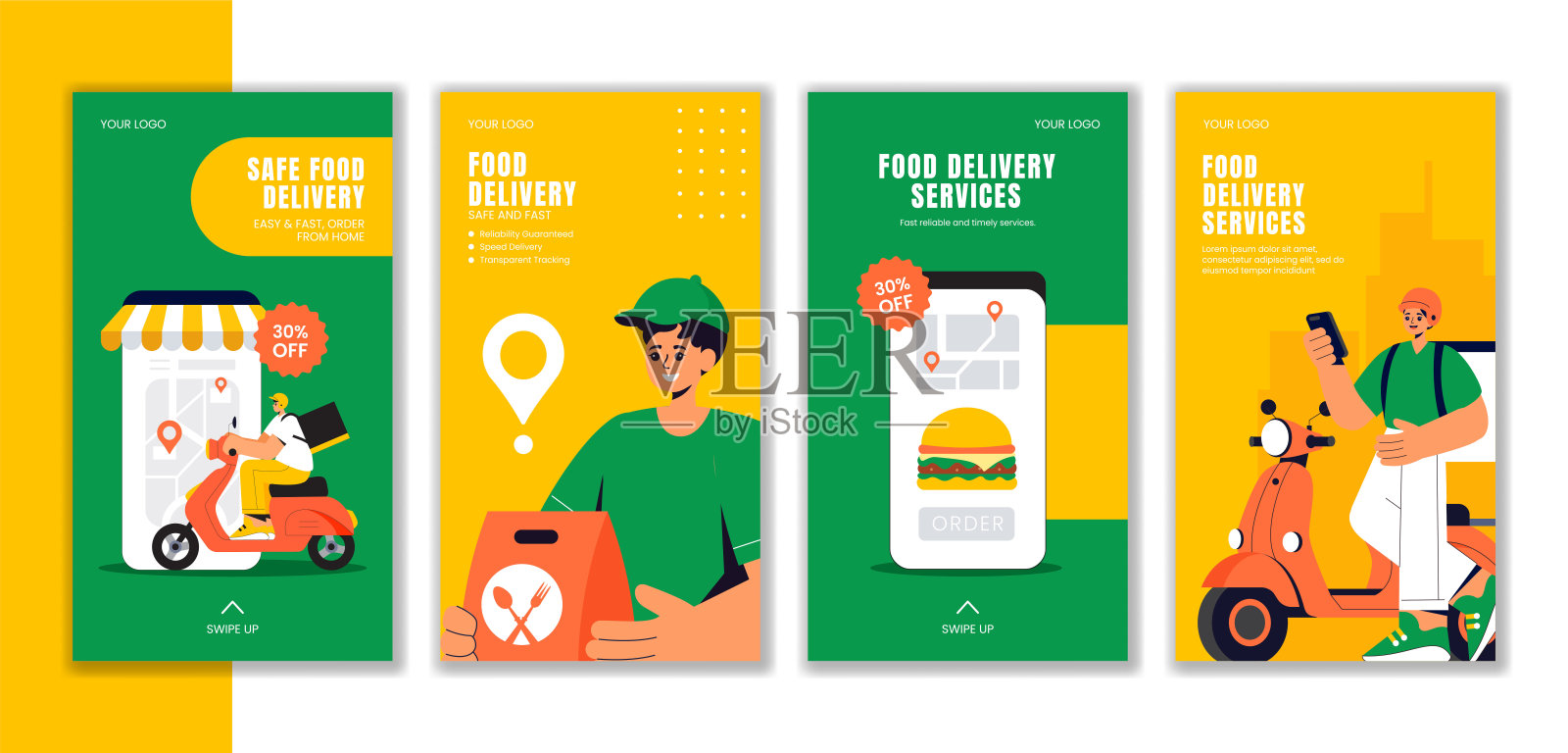 餐厅食品配送矢量插图，用于社交媒体故事模板插画图片素材