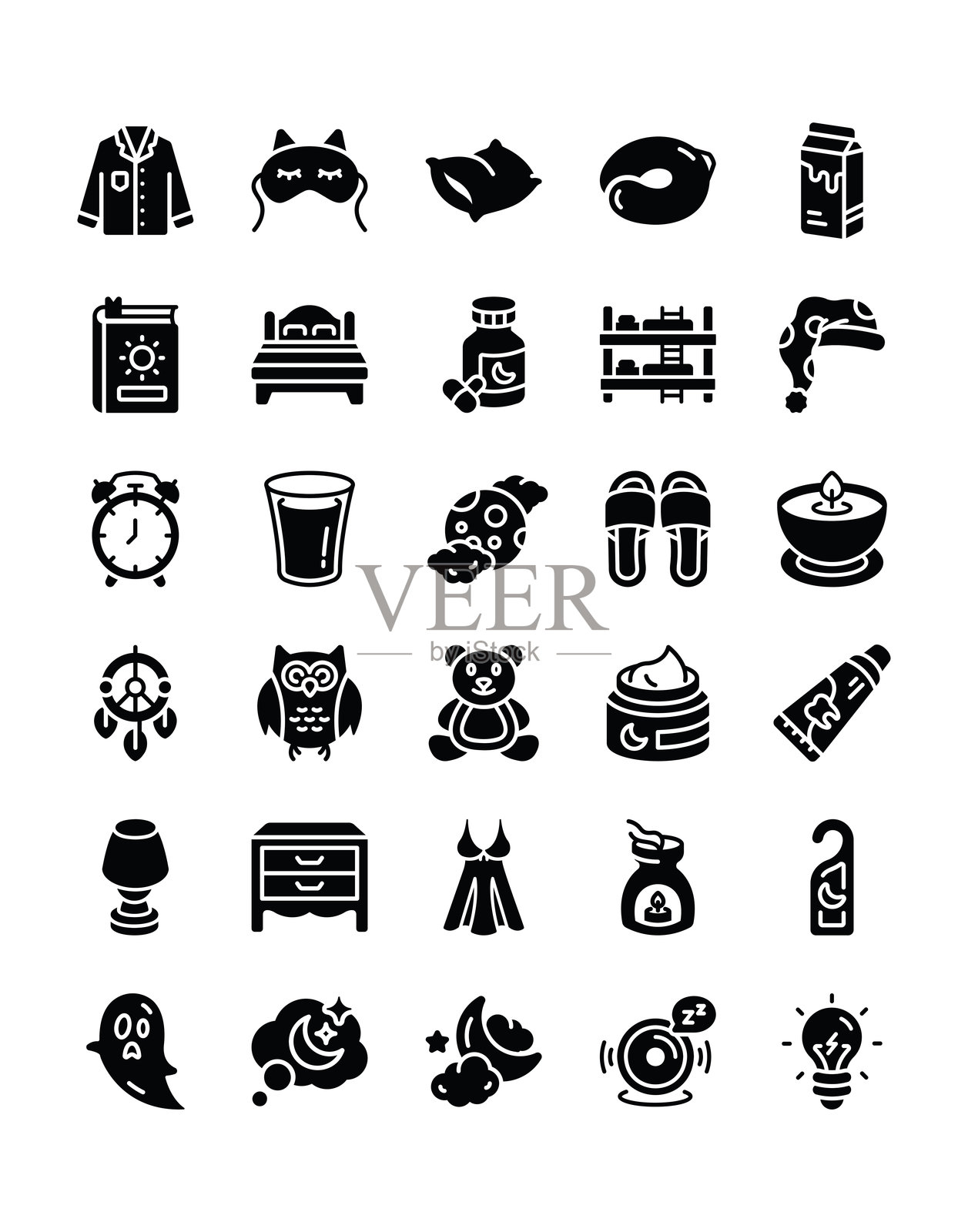 睡眠图标集30个，孤立在白色背景上插画图片素材