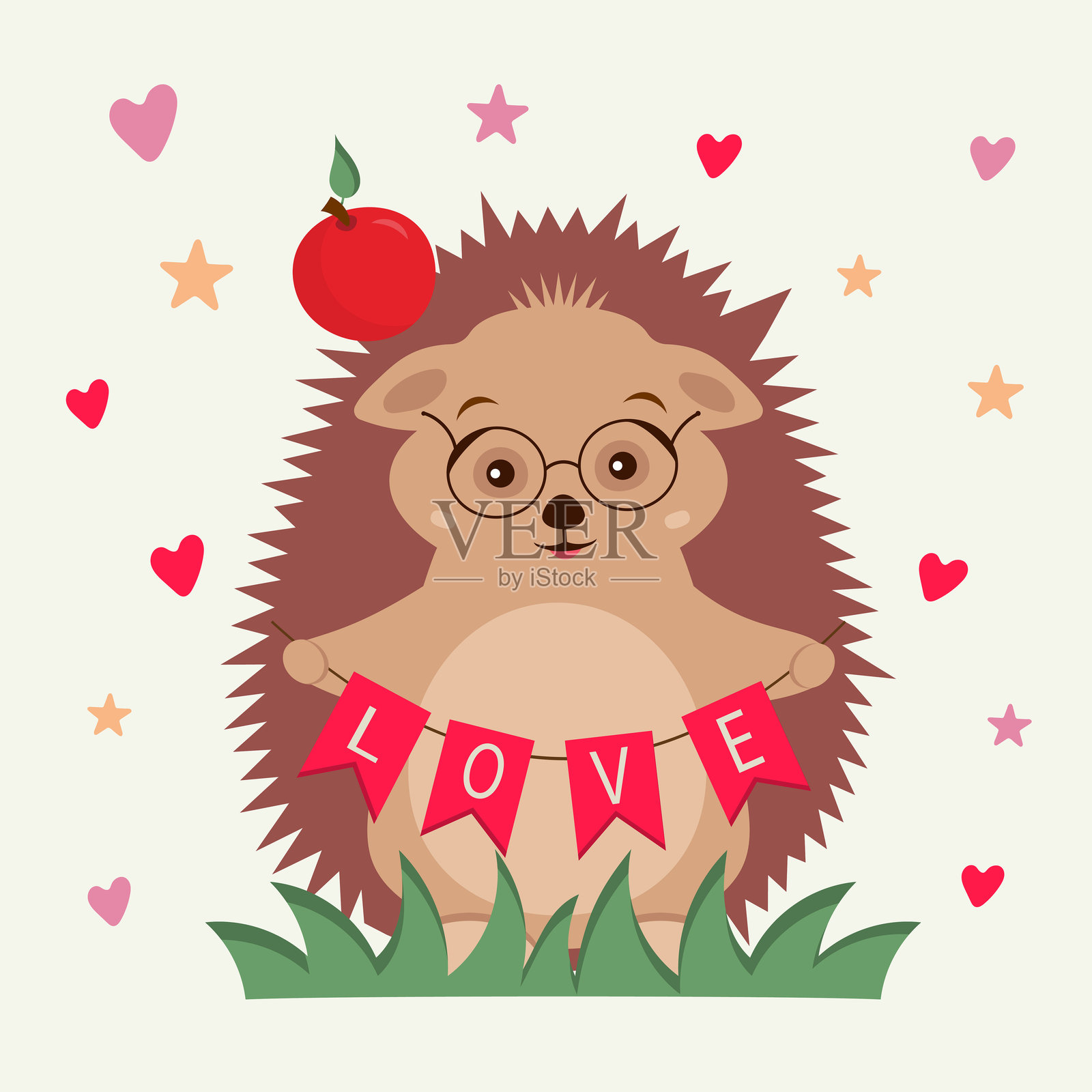 可爱的卡通浪漫刺猬与爱情文字。适合用于图形、印刷、横幅、贴纸和明信片。情人节插图。浪漫礼品卡。插画图片素材