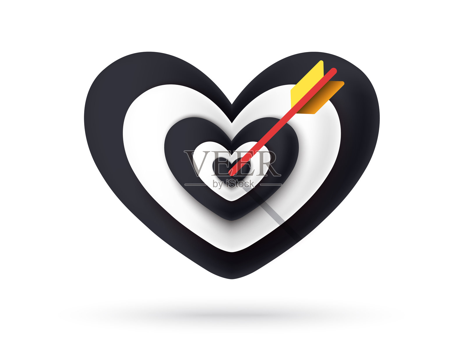 被箭穿透的心。目标。矢量EPS 10插图。黑白色心形图标。白色背景上独立。浪漫。爱情背景。2月14日情人节。我爱你。插画图片素材