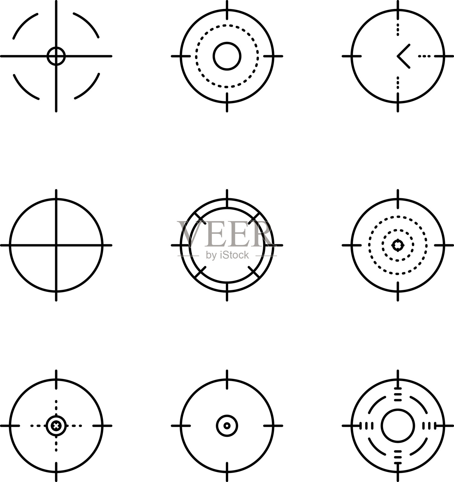 狙击步枪光学瞄准镜，武器瞄准器。带十字准线的狩猎枪瞄准器。十字准线枪瞄准图标集。靶心、目标或瞄准符号。射击标记。军事目标标志。游戏用户界面。矢量图。插画图片素材