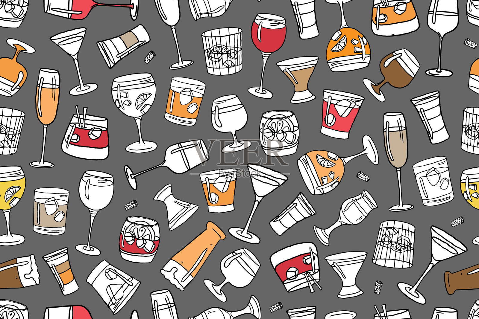 香槟杯和酒杯的无缝图案。酒精饮料插画图片素材