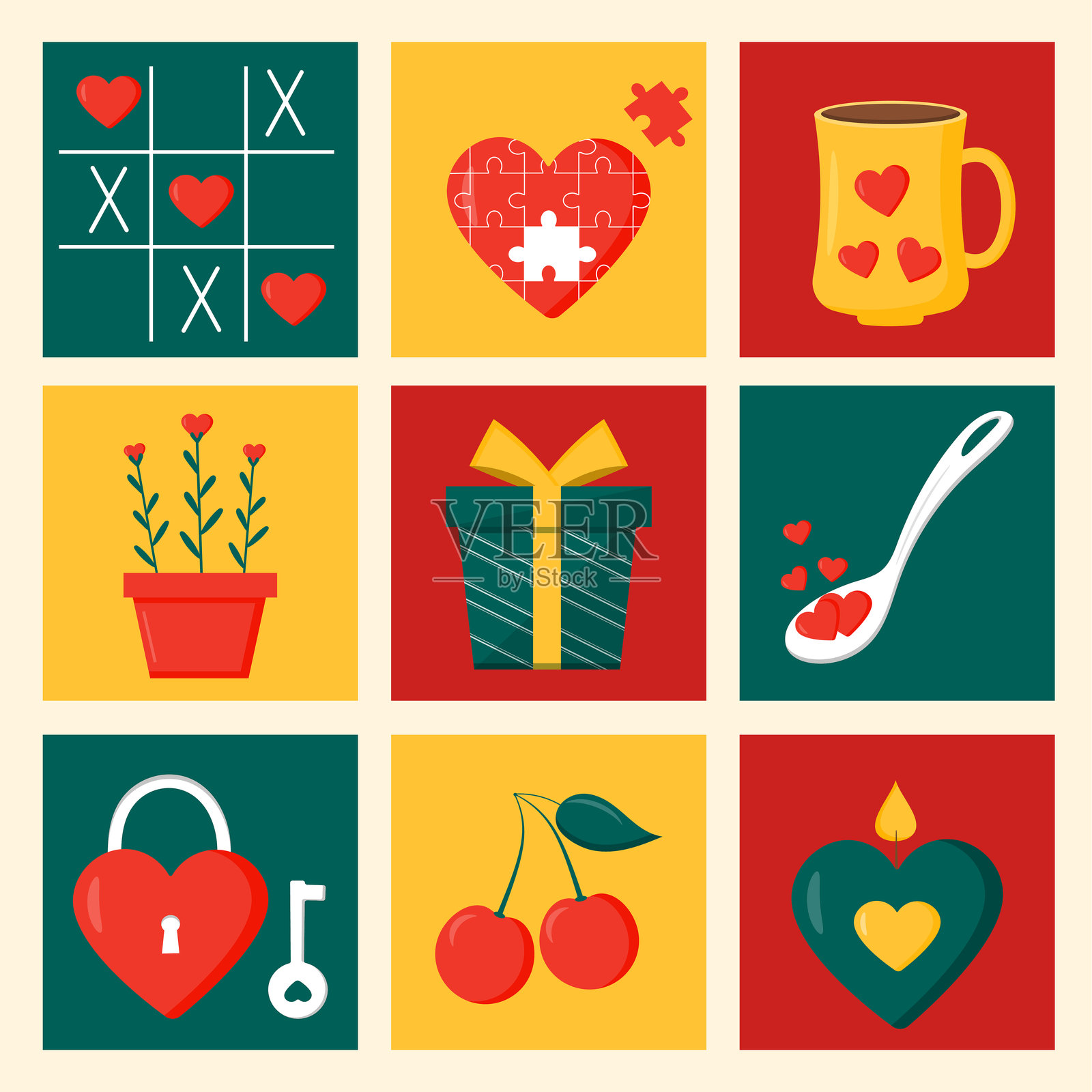 可爱甜美的爱情元素合集。情人节设计卡片。包含心形和爱情元素的浪漫套装。适用于海报、传单、贺卡和印刷品。卡通风格。插画图片素材