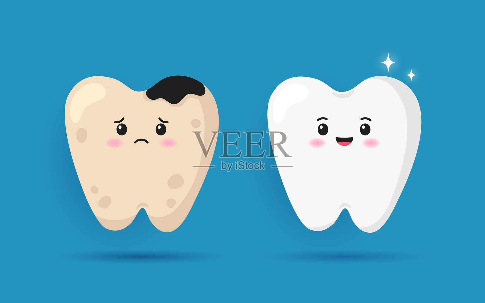 可爱的角色，悲伤的黄色牙齿和快乐的健康牙齿，孤立在蓝色背景上。牙齿在牙齿清洁前后的对比。牙齿护理、治疗和口腔卫生的概念。矢量平面插图。插画图片素材