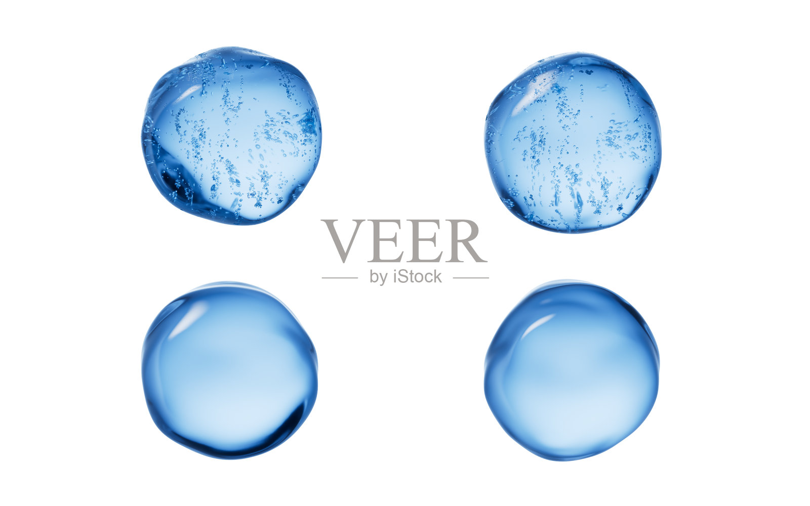 透明蓝色液体水泡，3D渲染。照片摄影图片