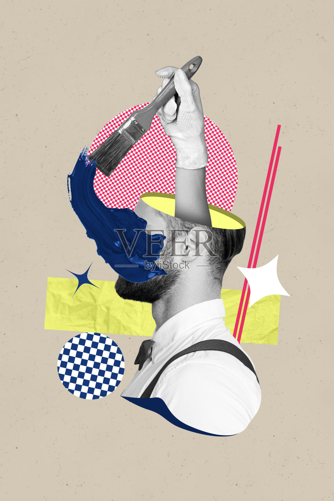 垂直拼贴海报，年轻男子半个头部，人类手臂握着画笔，色彩丰富的画家漫画，奇异概念绘画背景照片摄影图片