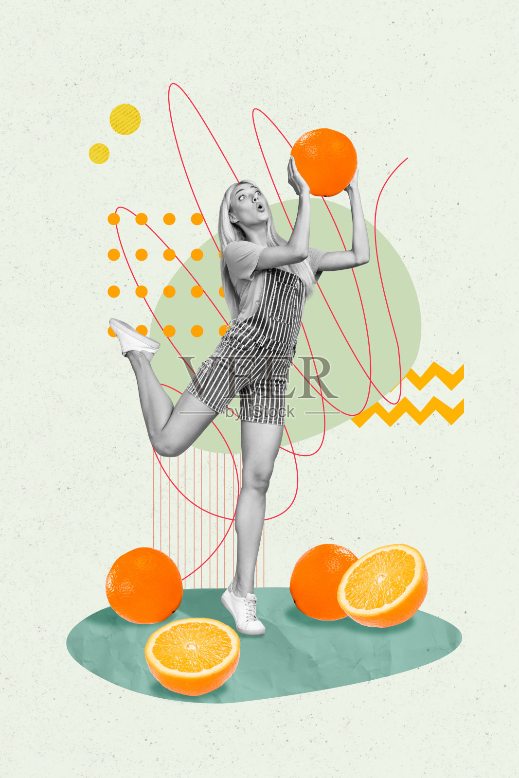 垂直拼贴创意海报，单色效果，美丽惊讶快乐的年轻女士玩球，热带水果柑橘促销横幅照片摄影图片