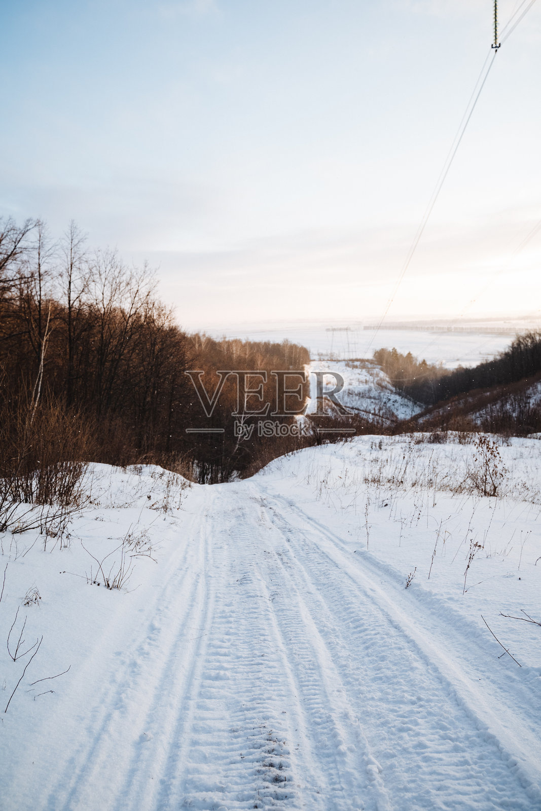 一条令人惊叹的雪-covered道路两侧被高大、雄伟的树木美丽地环绕，营造出一个迷人而宁静的冬季仙境，完美适合安静的逃离。照片摄影图片