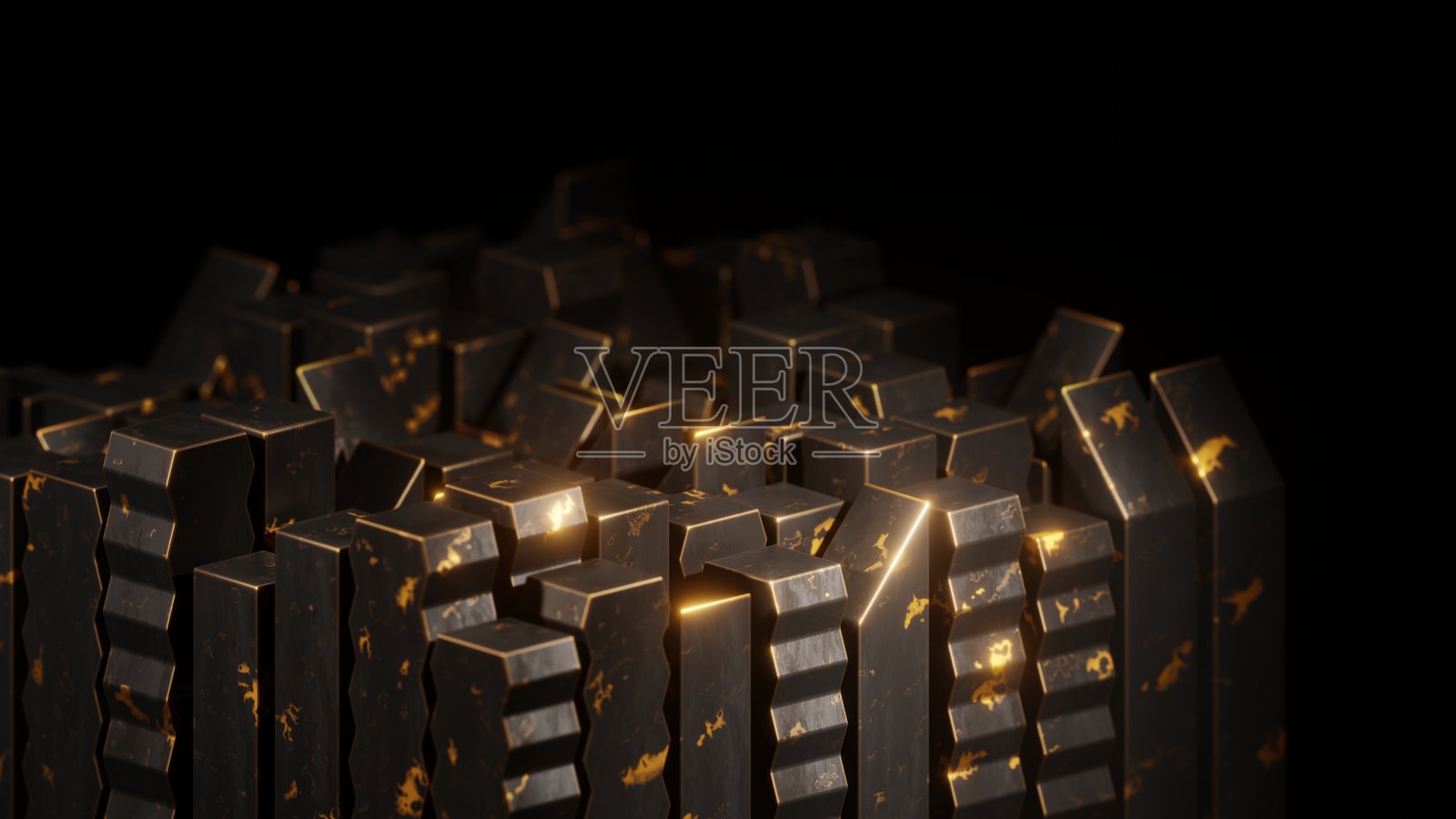 几何3D渲染展示了不同布局的黑色金属柱，类似于城市景观。照片摄影图片