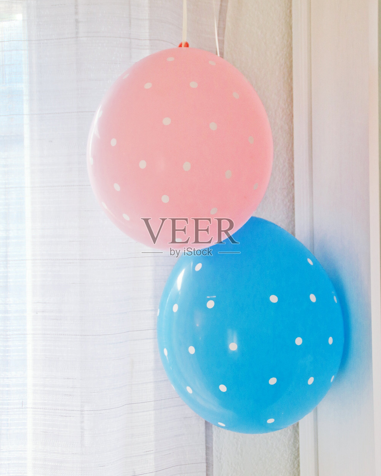 白色窗帘旁的粉色和蓝色气球墙照片摄影图片