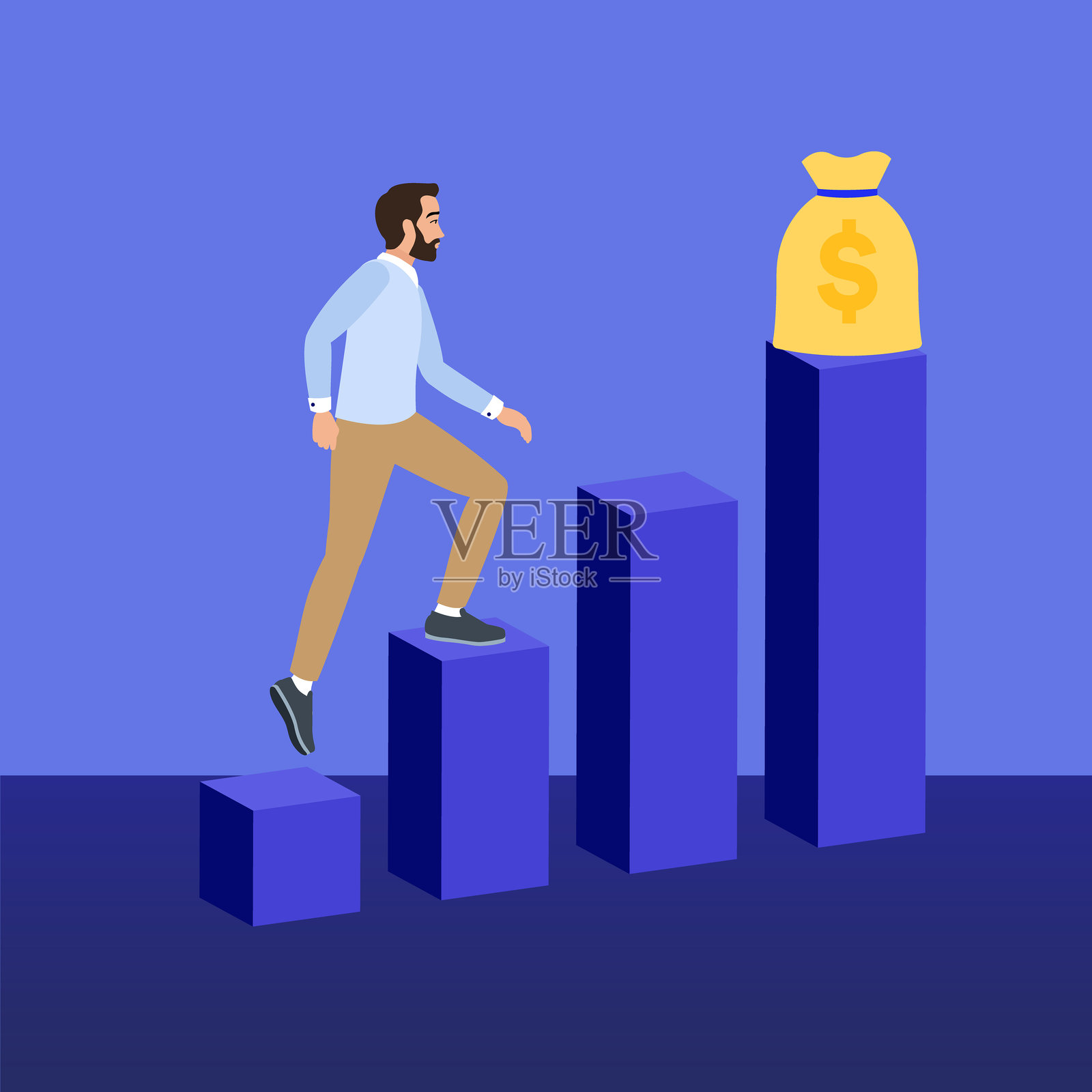 商人走上柱状图以达到金袋目标插画图片素材