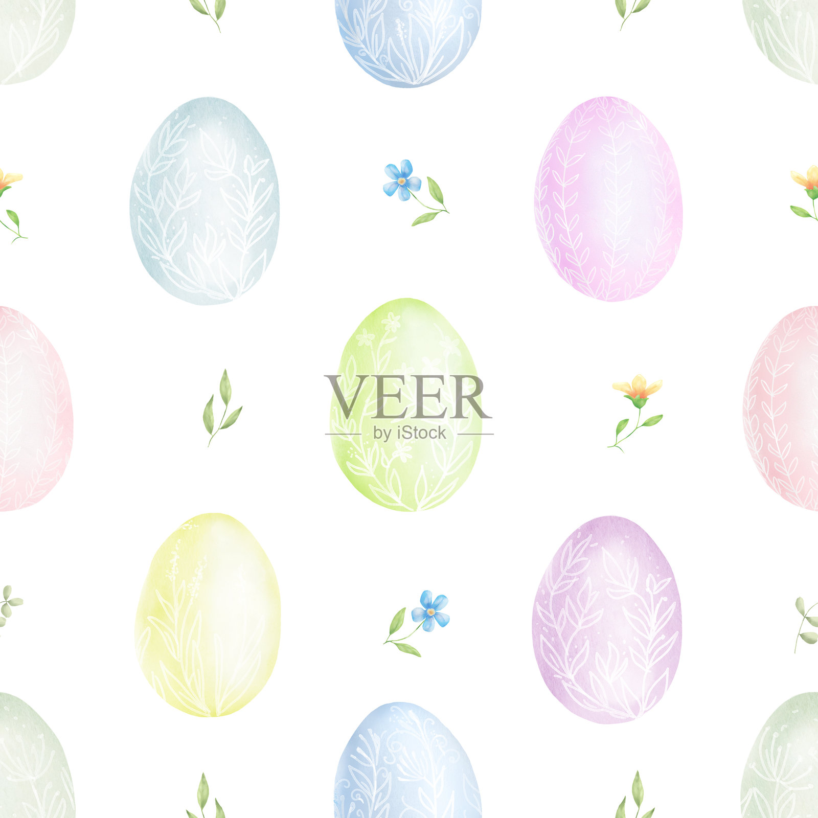 精致的复活节彩蛋上装饰着可爱的花朵，呈现无缝图案。水彩数字插图。节日彩蛋独立于白色背景。春天和复活节主题，适用于卡片和邀请函。插画图片素材