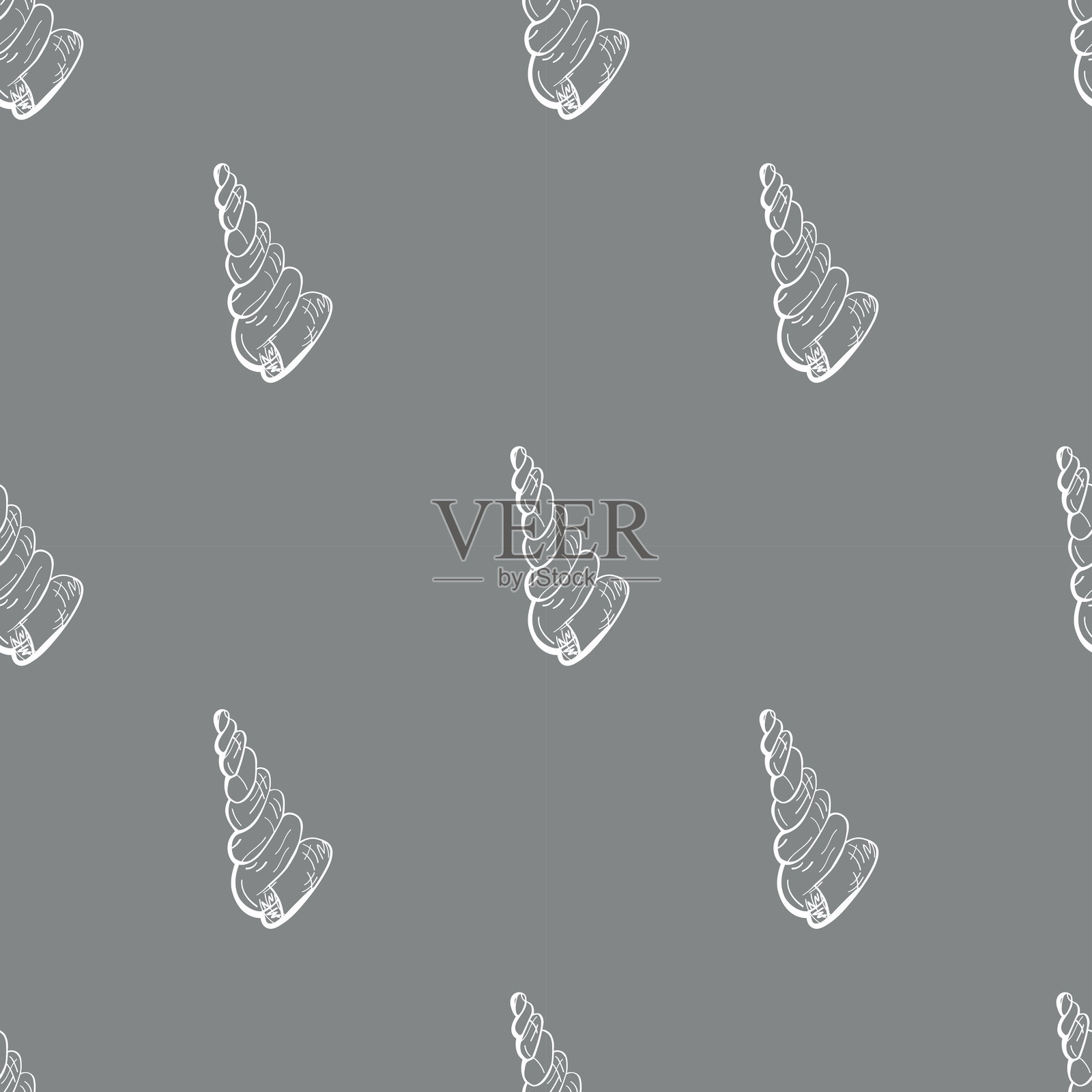 一款无缝手绘图案，背景为灰色，细致的手绘海螺图案。插画图片素材