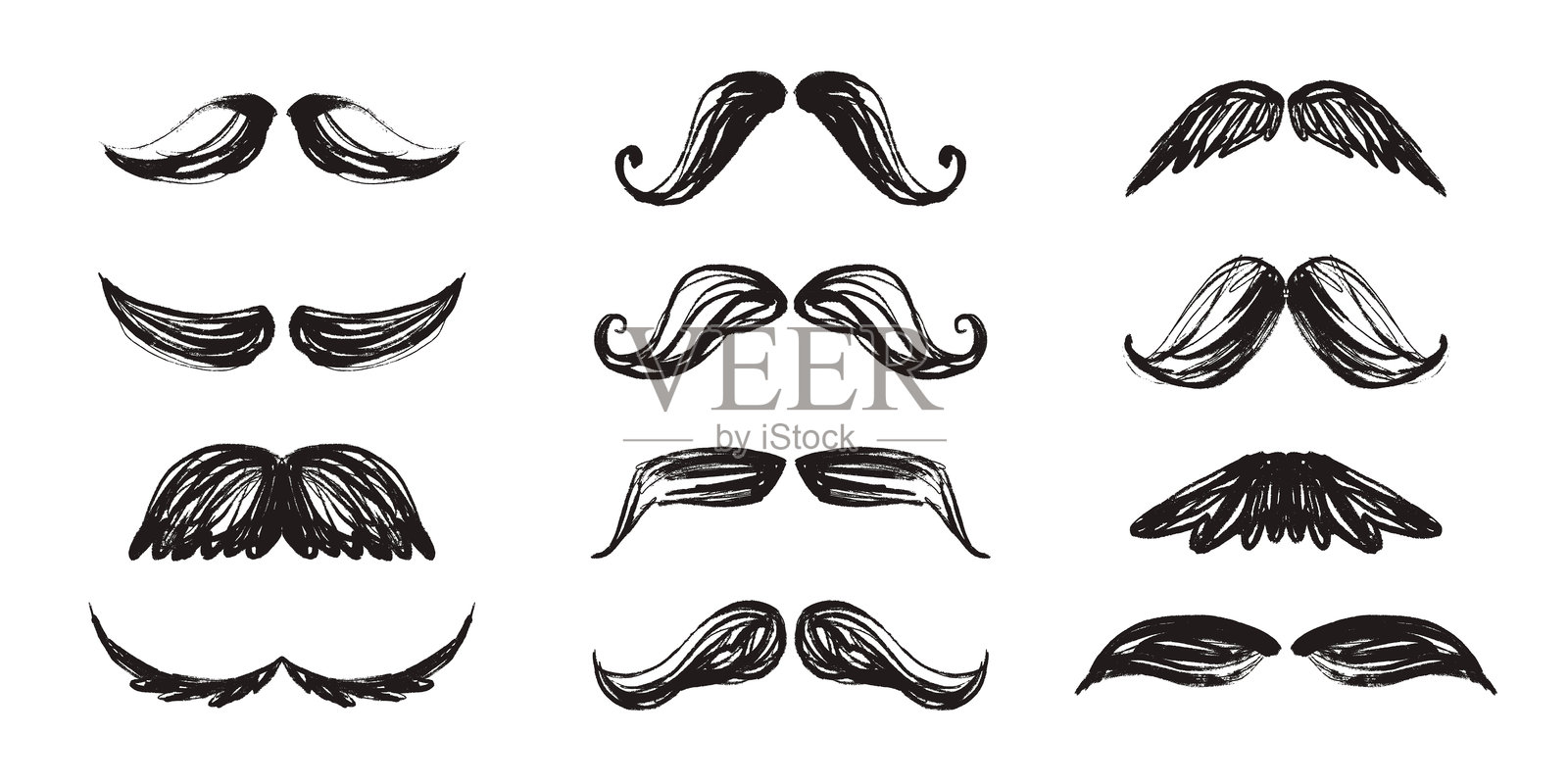 粗犷的纹理胡须套装。手绘的胡须轮廓，孤立在白色背景上。复古风格的男性胡须设计。插画图片素材