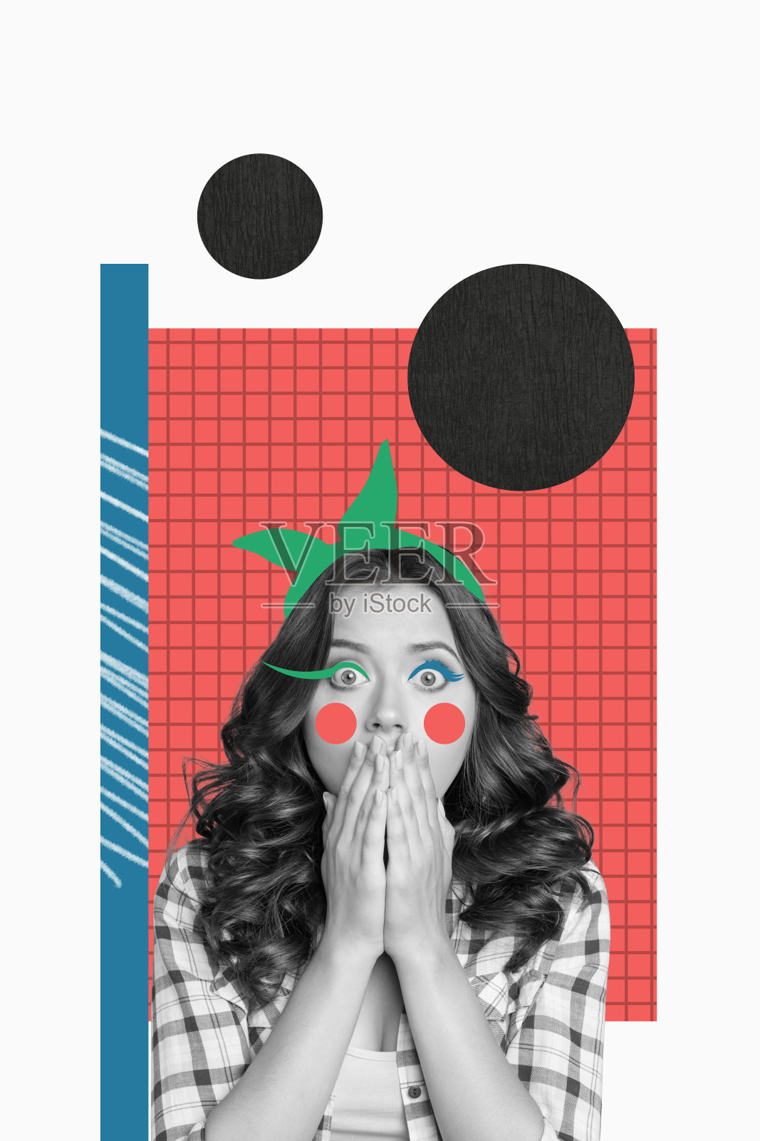 美丽迷人的女士，卷曲波浪发，双手捂嘴，背景为涂鸦风格的拼贴画。照片摄影图片