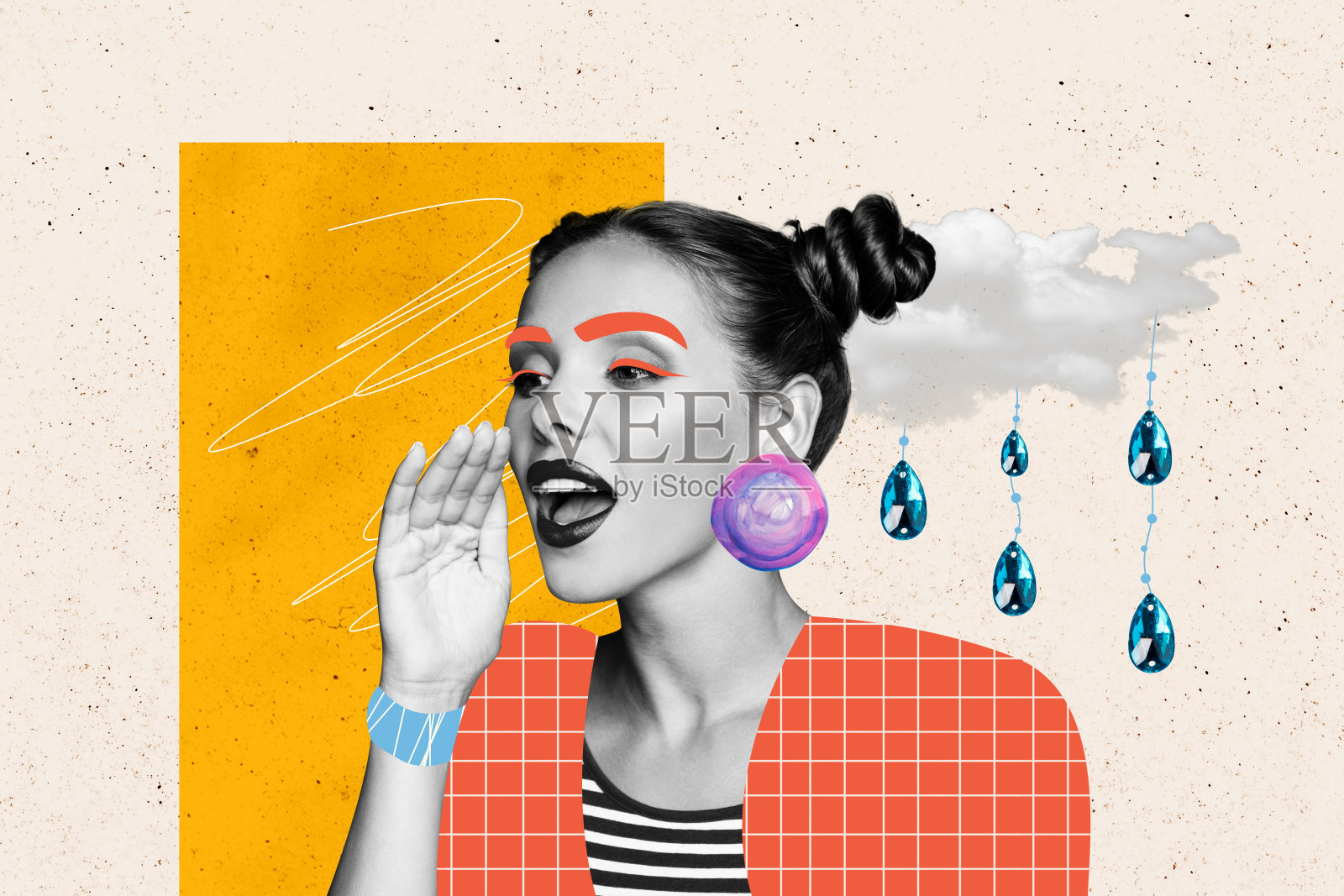 年轻迷人的女士佩戴大宝石耳环的3D拼贴画，宣传珠宝精品店，背景为米色。照片摄影图片