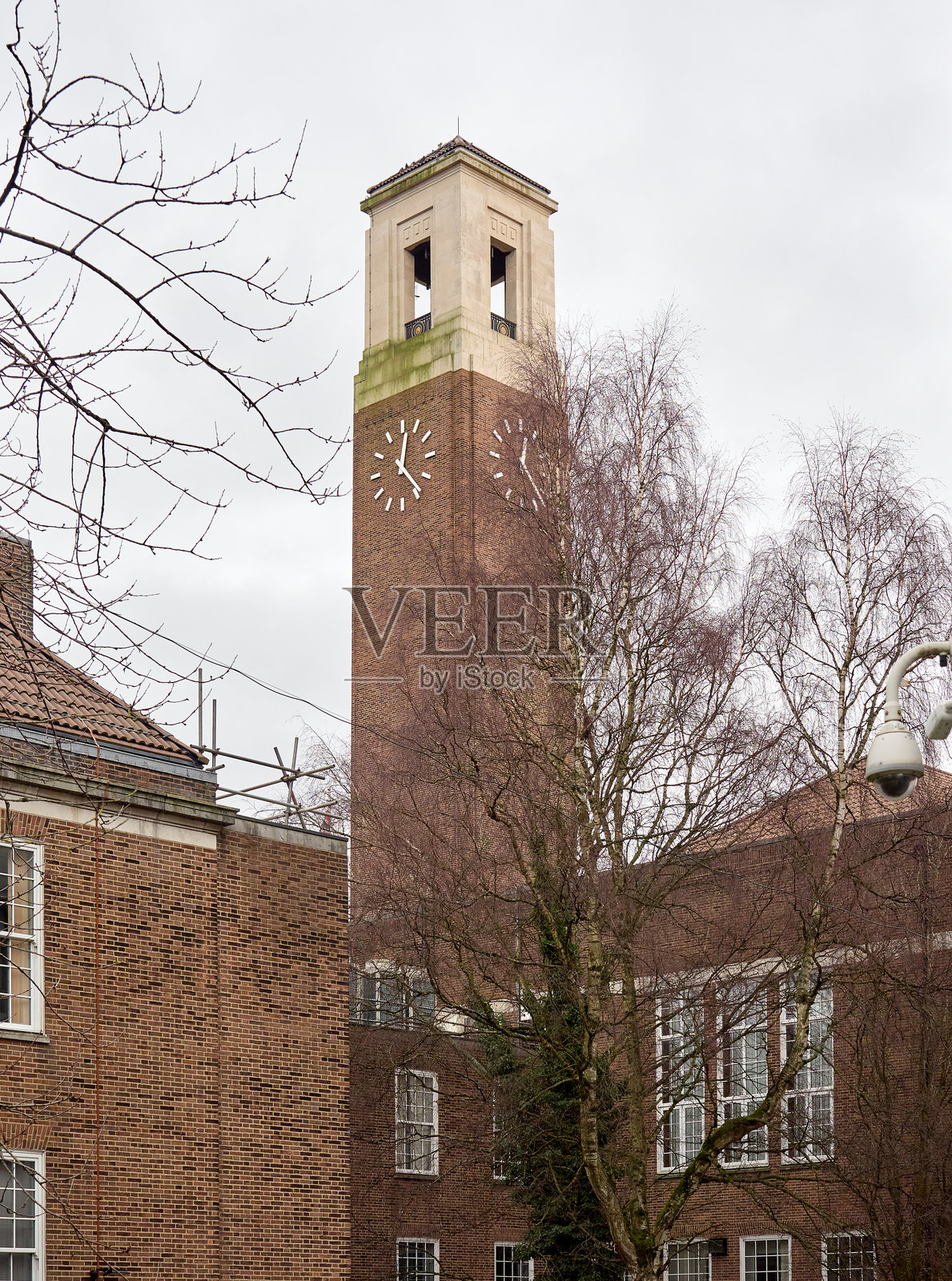 斯温顿的索尔福德市政厅。历史悠久的钟楼高耸于冬季树木和砖砌建筑之上。照片摄影图片