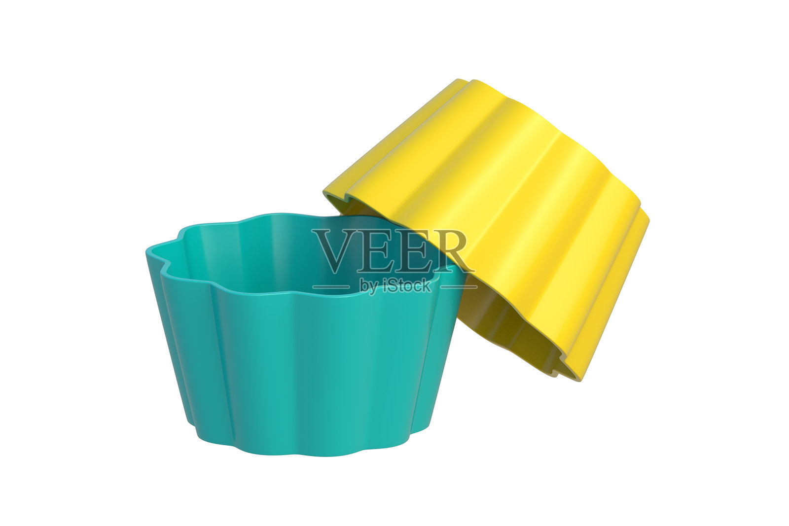 两个硅胶模具用于松饼或杯子蛋糕，孤立在白色背景上。烘焙工具。烹饪配件。3D渲染。照片摄影图片