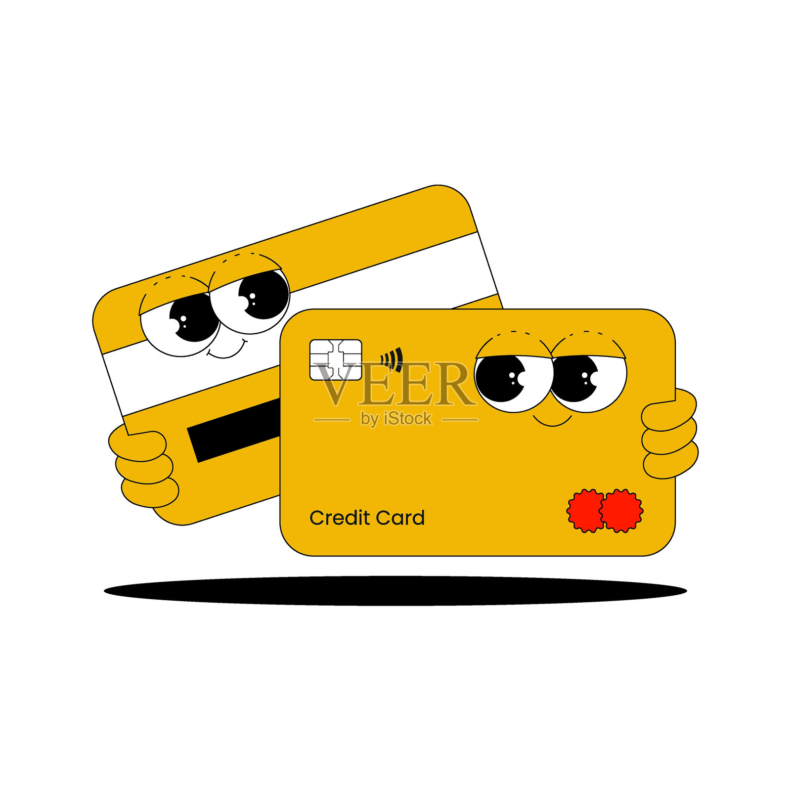 时尚复古的迷幻角色银行塑料卡片，带有面孔。搞笑的贴纸吉祥物，独立于透明背景。70年代和80年代风格的矢量插图。商业、财富、彩票和金融概念。插画图片素材