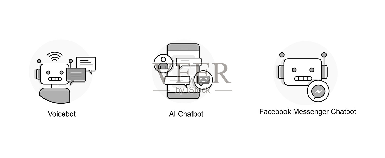 自动化辅助解决方案。人工智能互动、Messenger聊天机器人、客户关系管理集成、语音机器人、智能客户互动、客户参与、商业工具插画图片素材