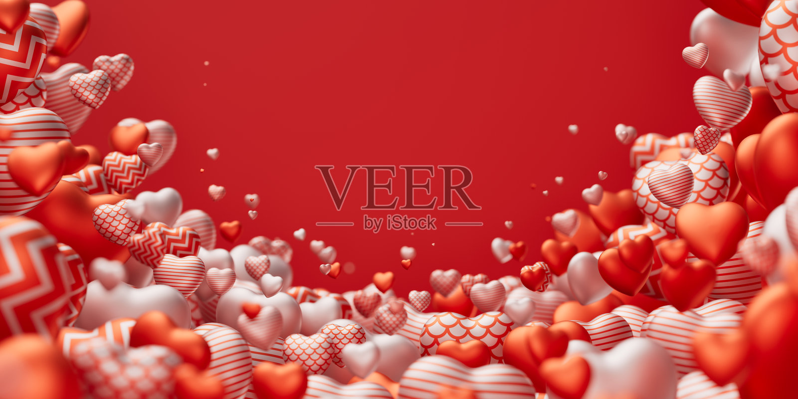 情人节背景，许多红色金属质感的飞翔心形，带有模糊效果。浪漫的爱情背景。3D渲染插图。照片摄影图片