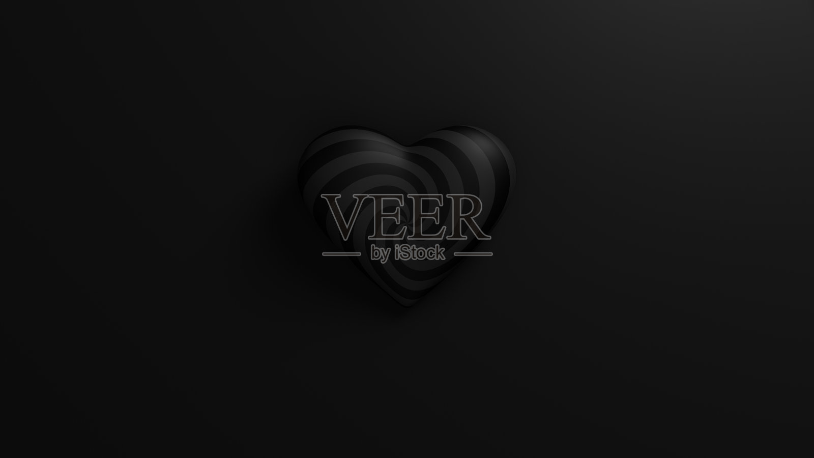 黑色螺旋心形图案，带有柔和阴影，背景为黑色。情人节浪漫背景。3D渲染插图。照片摄影图片