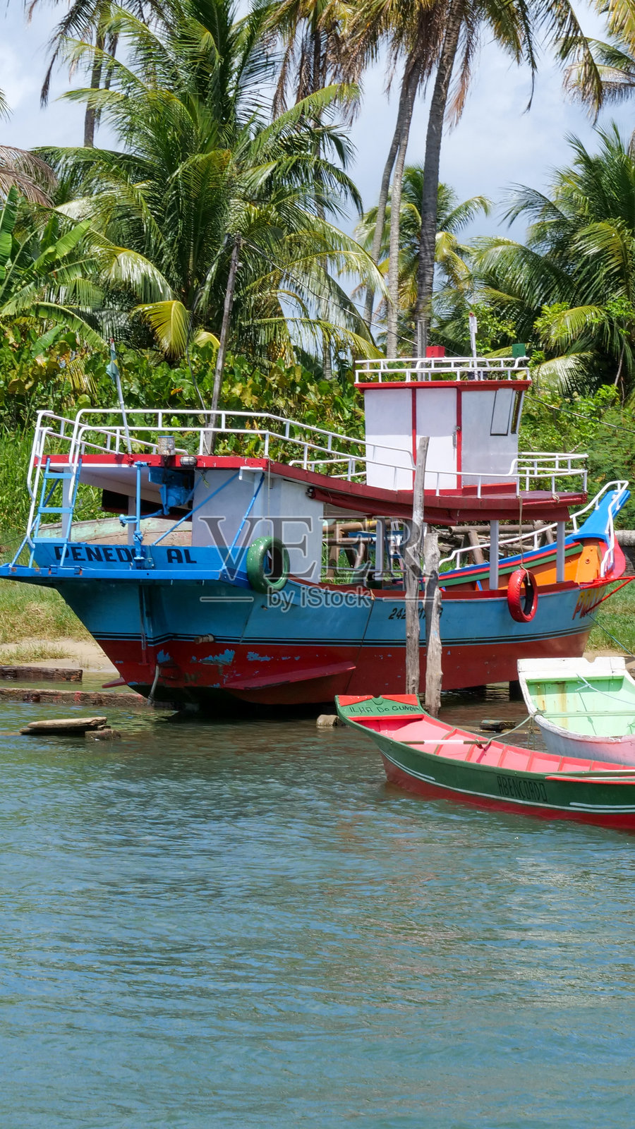 从河流或渡船的视角拍摄的垂直图像，几艘小型白色、红色和蓝色的渔船停靠在河边。地点：巴西，南美洲的布雷霍格兰德。照片摄影图片
