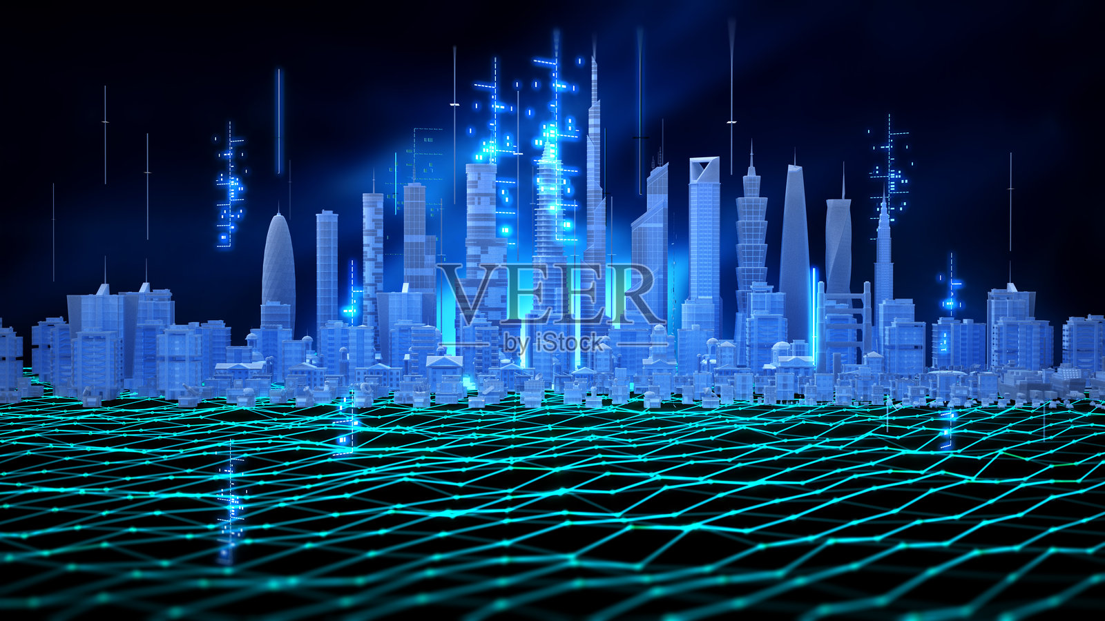 一个详细的3D城市模型，展示了各种城市结构和无线连接选项照片摄影图片