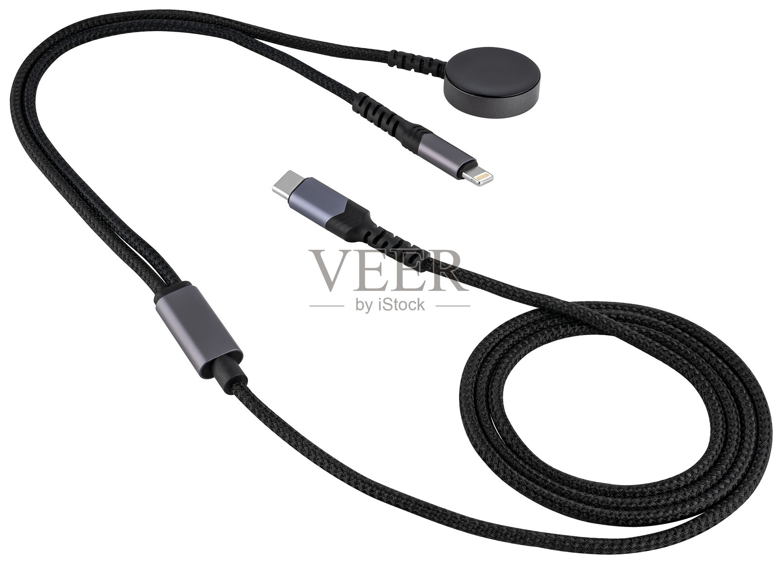 多功能电缆，配有Lightning、Type-C和无线充电连接器。照片摄影图片