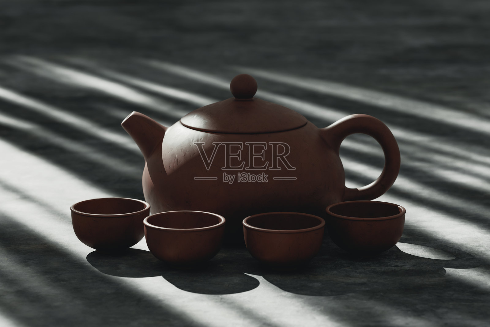 中国陶瓷茶具，包括茶壶和茶杯。3D渲染图照片摄影图片