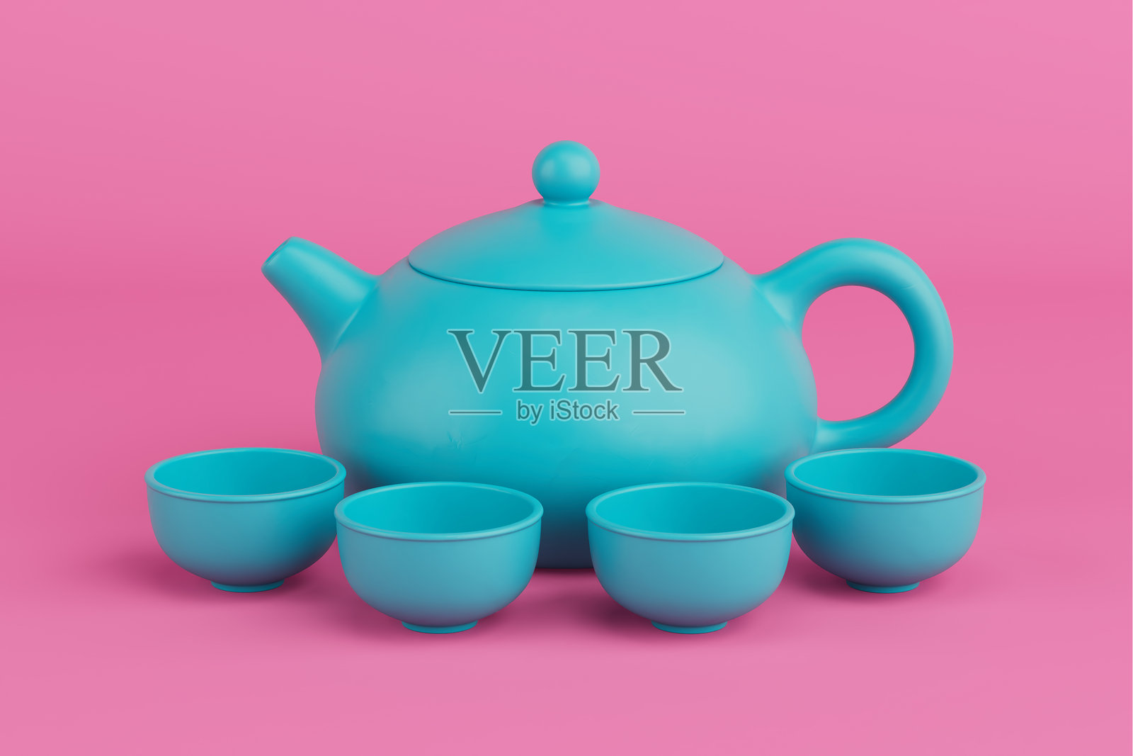 双色风格的中国蓝陶茶具，包括茶壶和茶杯。3D渲染。照片摄影图片